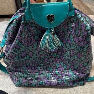 Betsey Johnson Teal and Purple Safari Leopard print Sequin Tote